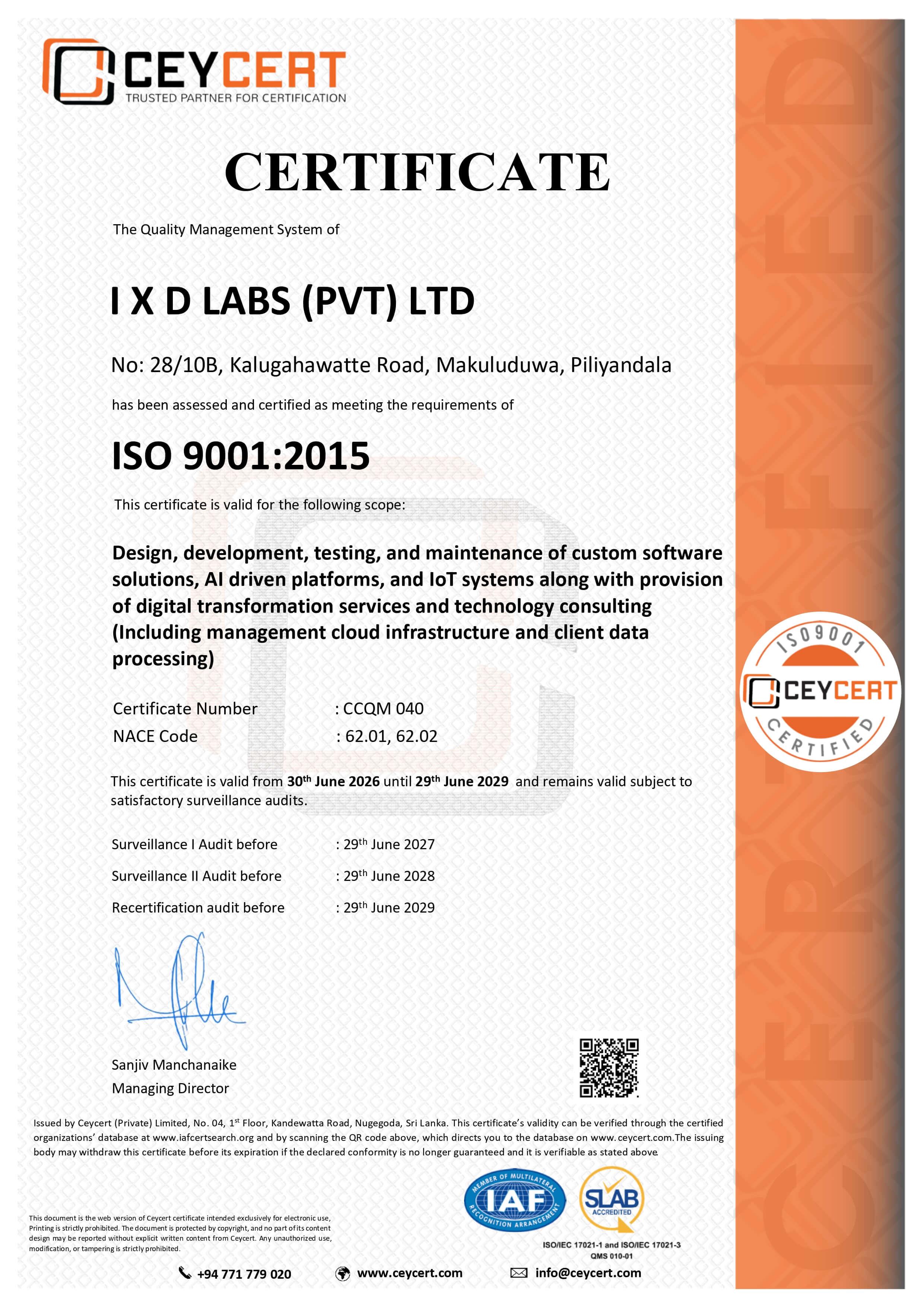 Official ISO 9001:2015 certificate issued by CEYCERT
